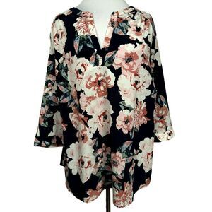 Eliane Rose Bold Cabbage Rose Pullover Print Top Blouse Sz 2X Navy Dusty Rose